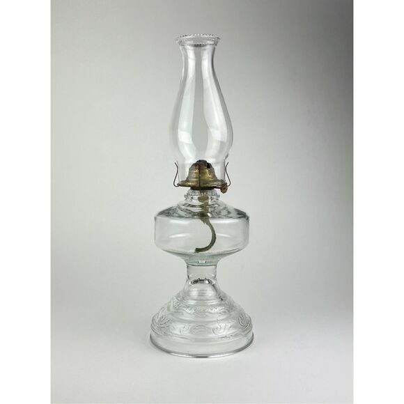 Vintage Clear Glass Hurricane Embossed Oil Lamp Hurricane Shade w/ Eagle Burner - Picture 1 of 7